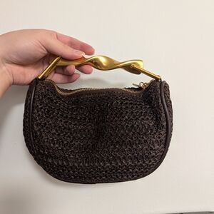 Brown Woven Handbag with Gold Handle